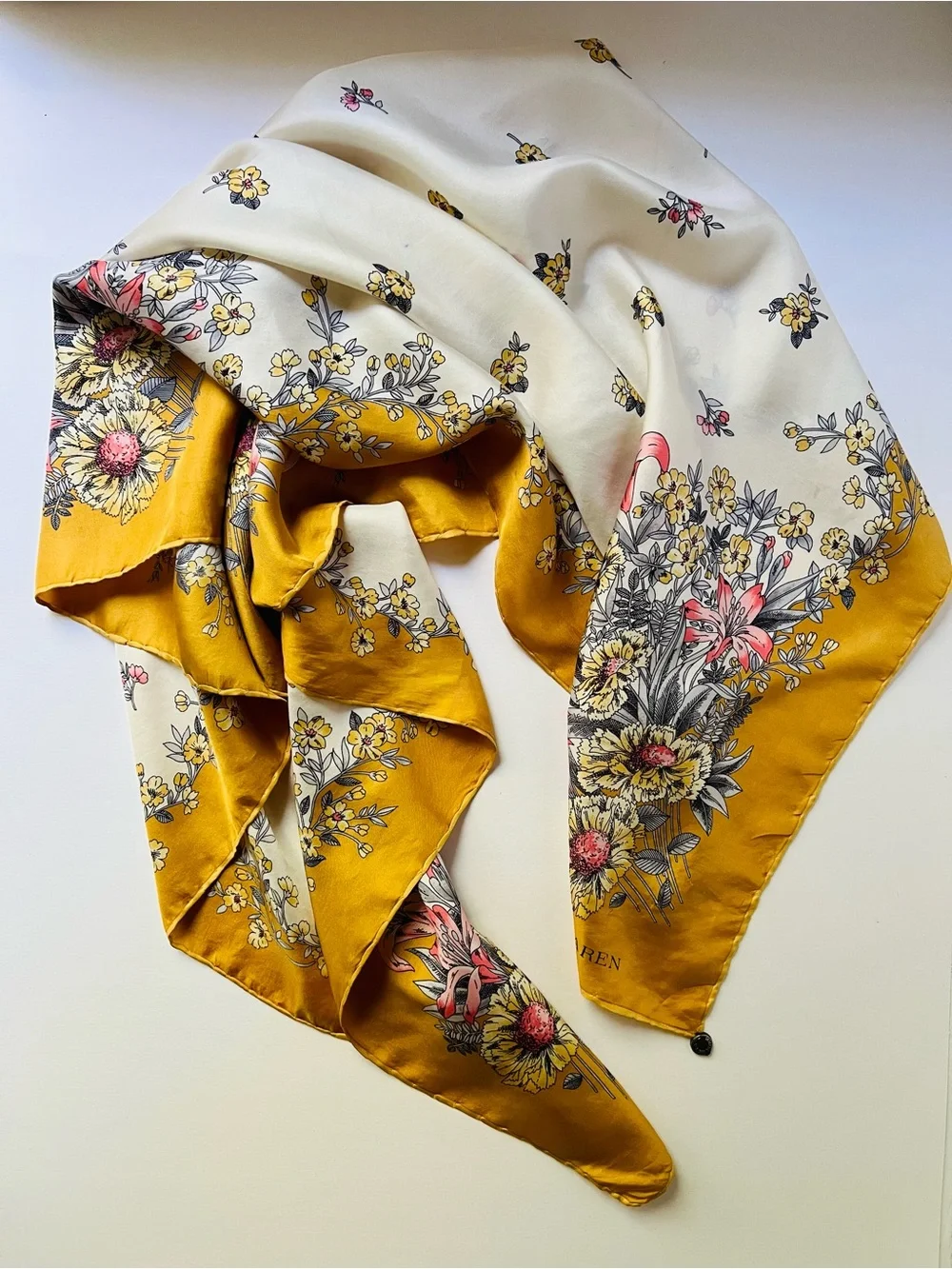Pure silk scarf made in Italy with delicate florals and a rare circle metal clip